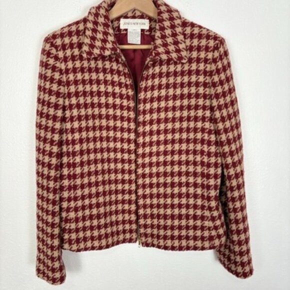 Jones New York Size: 14 VTG Red and Tan Houndstooth Jacket Wool and Alpaca Blend - Picture 7 of 11